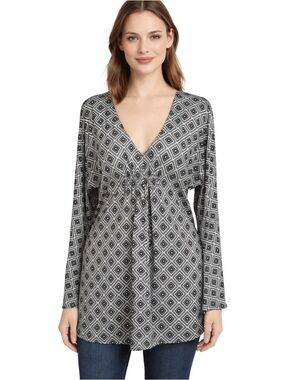MK Michael Kors V-Neck Bell Sleeve Longline Square Print Tunic Top Size Medium